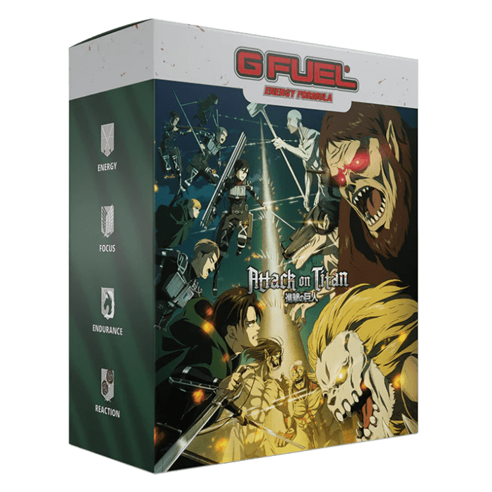 g fuel attack on titan spinal fluid energy drink box art titans
